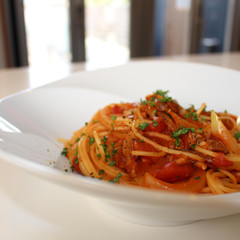 さんまのトマトソースパスタ
