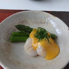 帆立とアスパラの黄身酢がけ