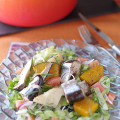 サンマとカボチャ、季節野菜のコンフィ