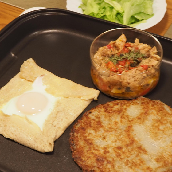 おもてなし♪そば＆じゃがいものガレットとツナアヒージョサラダ