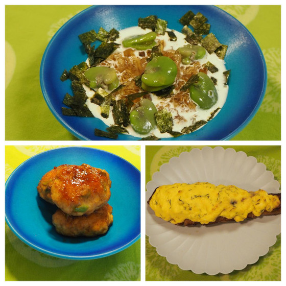 和風ゼリーと空豆のソース仕立てと空豆鶏つくね＆鰆の菜種焼き