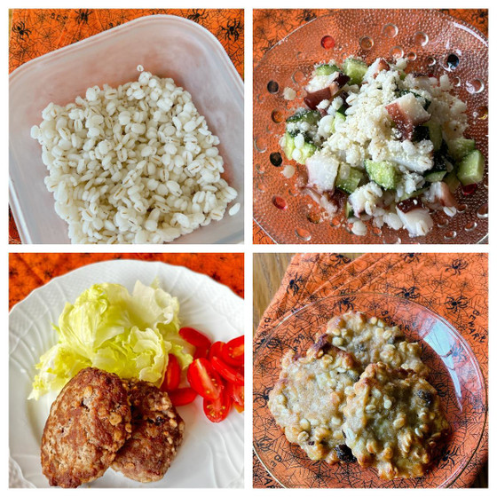 食物繊維が豊富な押麦でヘルシーに！ハンバーグ＆サラダ＆バナナクッキー
