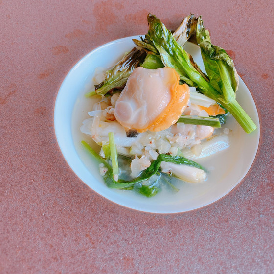 まるでレストランの味「山菜と貝の蕎麦の実スープリゾット」