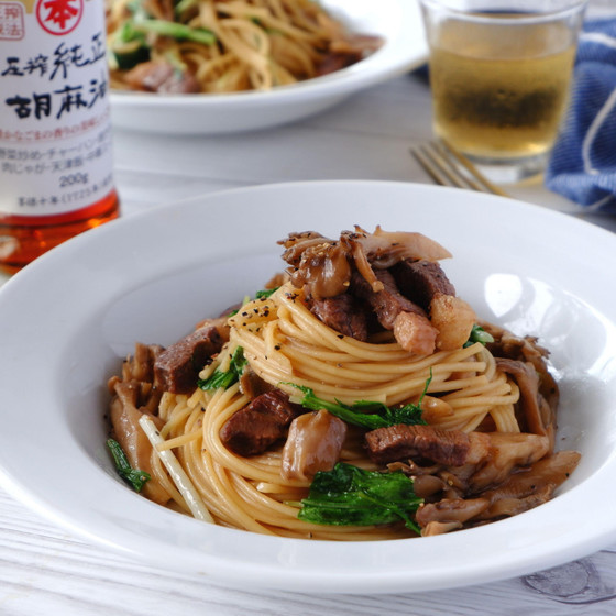 鴨肉ときのこと水菜の和風パスタ