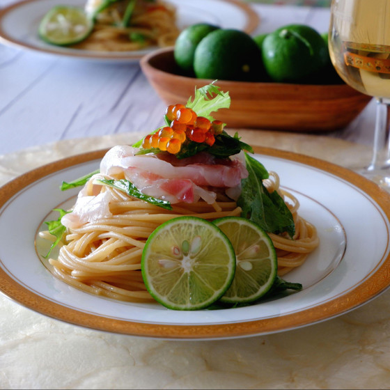 鯛と水菜のパスタ　すだちの香り