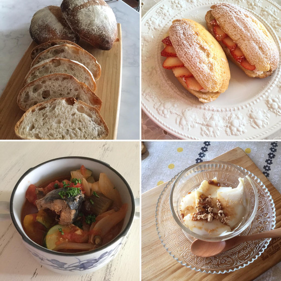 酒種とルヴァンのリュスティック・鯖缶のトマト煮・豆乳プリン