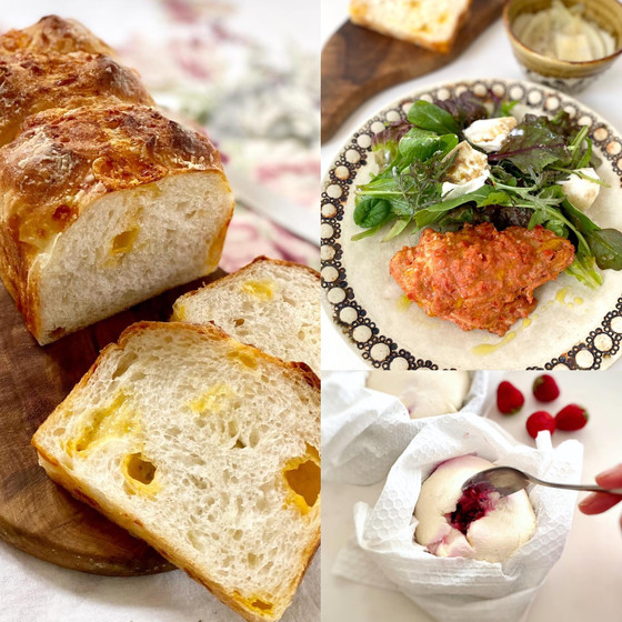 こだわりチーズパン、鶏のパプリカマリネ、旬野菜料理他