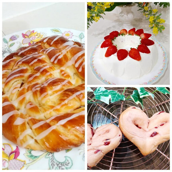 ピンク色のハートパン、渦巻きデニッシュ、ガトーオフレーズ