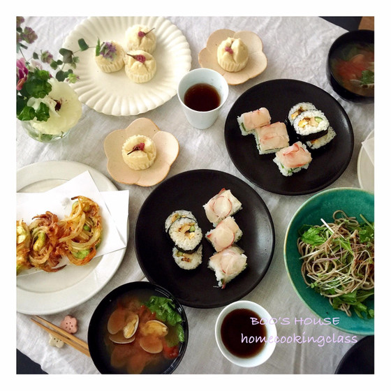基本の海苔巻きとおもてなし鯛の押し寿司♪季節の食材でかき揚げ