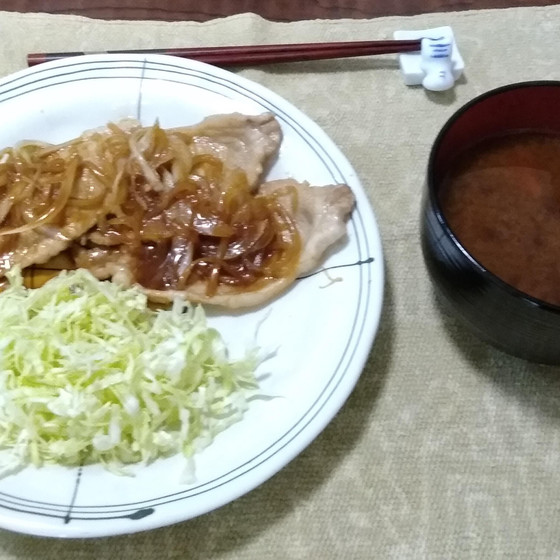 基本コース４～５回目　豚のしょうが焼きと、じゃがいもと玉ねぎの味噌汁