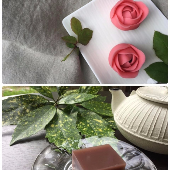 煉り切りで作る”薔薇の花”と風味豊かで滑らかな”水羊羹”