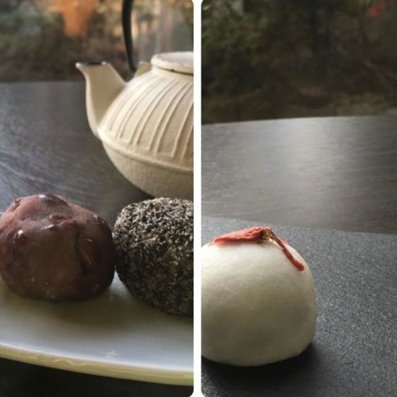 おはぎ3種類（粒餡、黄な粉、摺り胡麻）と桜薯蕷饅頭