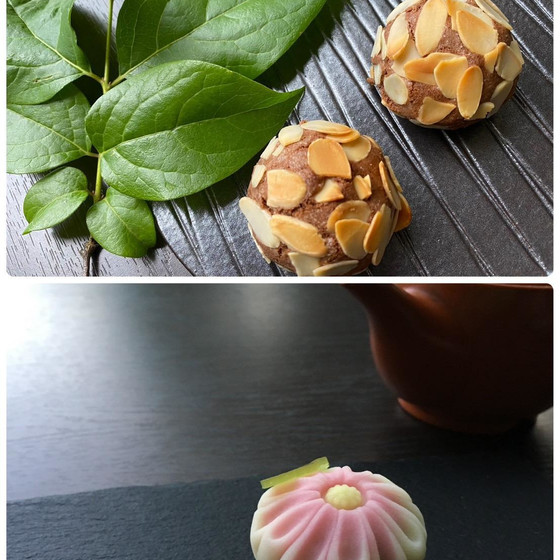 アーモンド饅頭（黄味餡入り）と煉り切り製の百世草