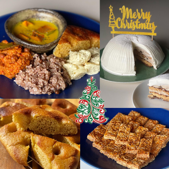 ＜クリスマススペシャル＞栗とヘーゼルのケーキ「ノエル ブラン」、全粒粉と有機オリーブオイルの「フロランタン」、「有機カボチャのフォカッチャ」、「スパイス料理４種」