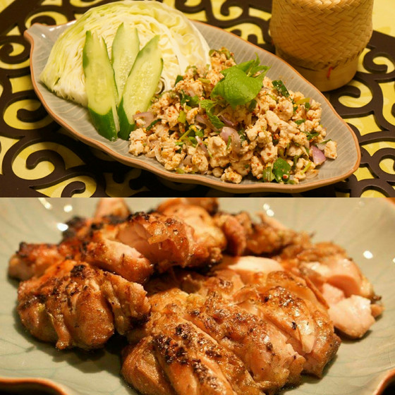タイ東北地方特集！大人気、豚肉のラープと鶏肉の炙り焼き。