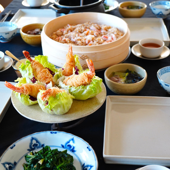 【冬の薬膳/台湾料理】蟹のおこわ・蝦のカダイフ揚げ/台湾風マヨネーズベースタルタルソース・ター菜と黒キクラゲのコラーゲンスープ・青菜炒め・さつまいもとジュレのデザート・お茶