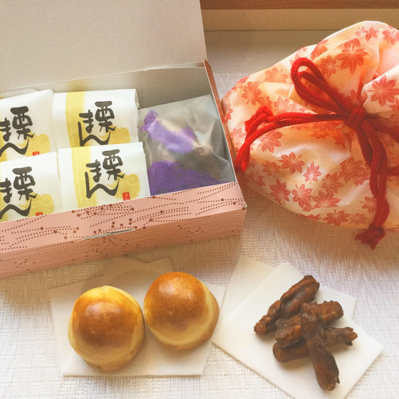 和菓子　栗まんじゅうとかりんとうの詰め合わせ　和箱・巾着