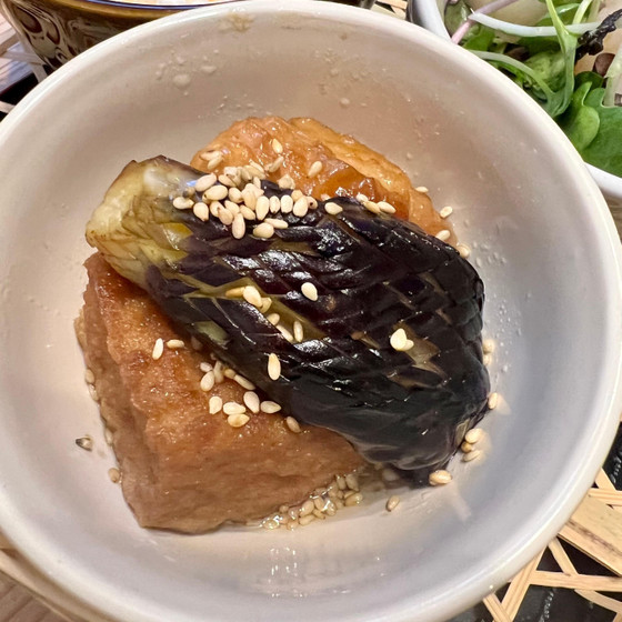 茄子と厚揚げ、鶏の焚き合わせ