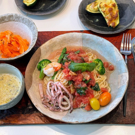 夏野菜と魚介のヘルシー地中海食♪