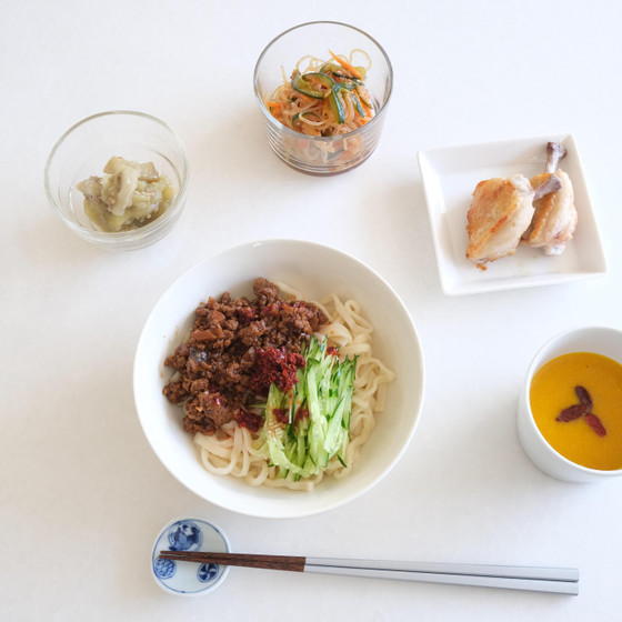 【zoom】炸醤麺、手羽先の塩焼き、とろ塩なす、かぼちゃのスープ、春雨サラダ