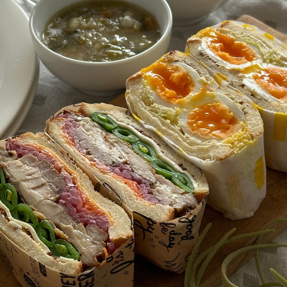 三月のお弁当　２種類のわんぱくサンド　スパイシーチキンサンドと卵サンド、ご試食時にミネストローネ（レシピ付き）