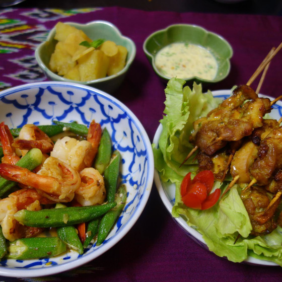 タイ料理単発レッスン！串焼き＆海老とオクラの炒め物＆デザート