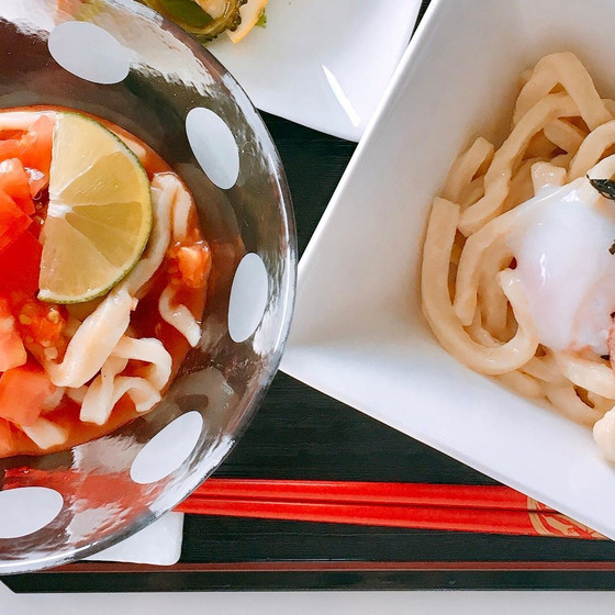 【1】手打ちうどん～明太チーズかま玉＆トマトだしつゆ～