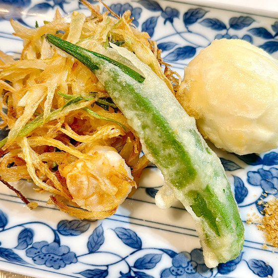 【2】半熟卵・オクラの天ぷら＆かき揚げ