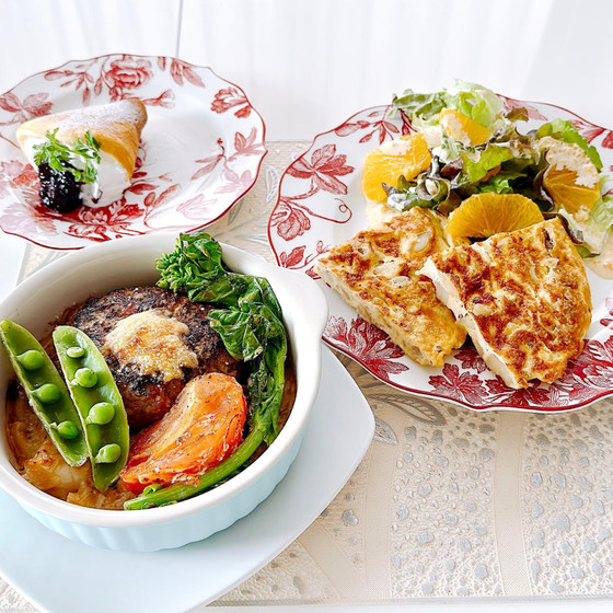 【3月後半限定シーメニュー】ハンバーグ海老グラタン＆ふわふわオムレット  