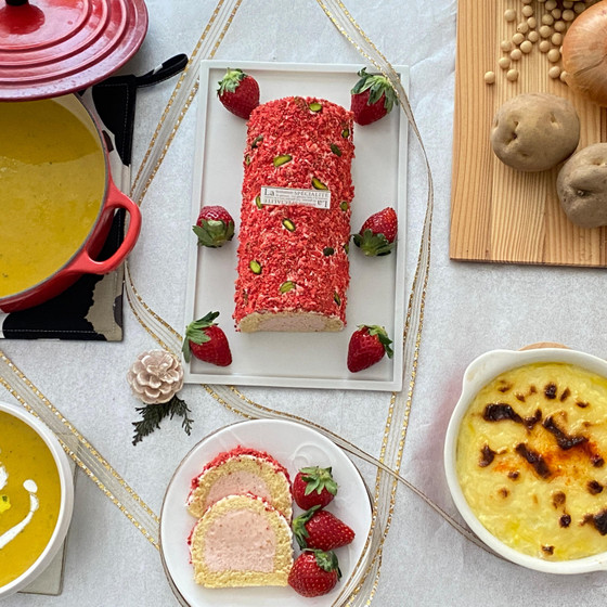 【1:1プライベートレッスン】クリスマスいちごのムースケーキ、マッシュポテトのベジミートグラタン、3種のポタージュ