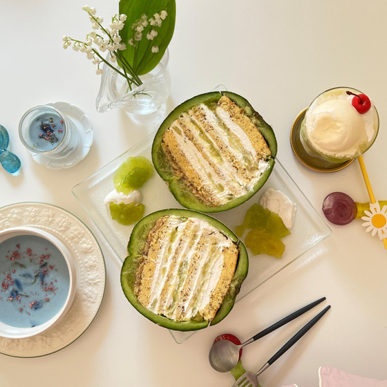 【期間限定】丸ごとメロン米粉ケーキ〜アールグレイ風味、青い杏仁豆腐〜プライベートレッスン 〜