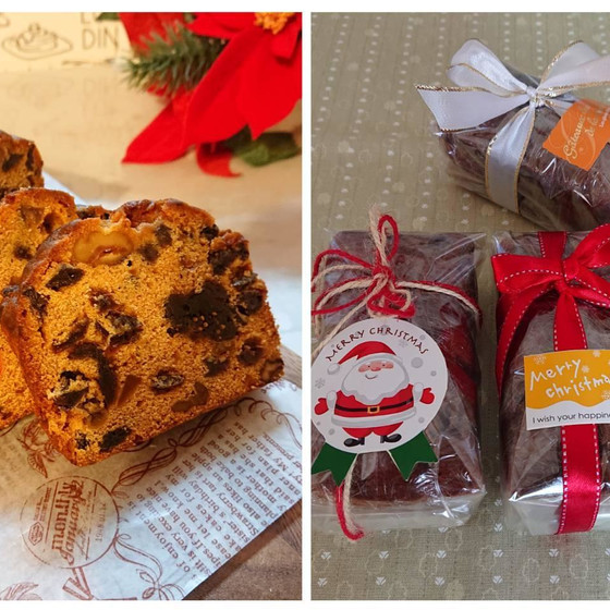クリスマス☆熟成フルーツケーキ（ミニパウンド4コ分）とリースベーコンエピ