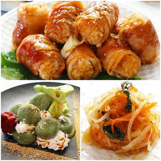 【キッズまたは親子】①チーズ肉巻きおにぎり②人参もやし青菜のナムル③クリーム白玉ぜんざい
