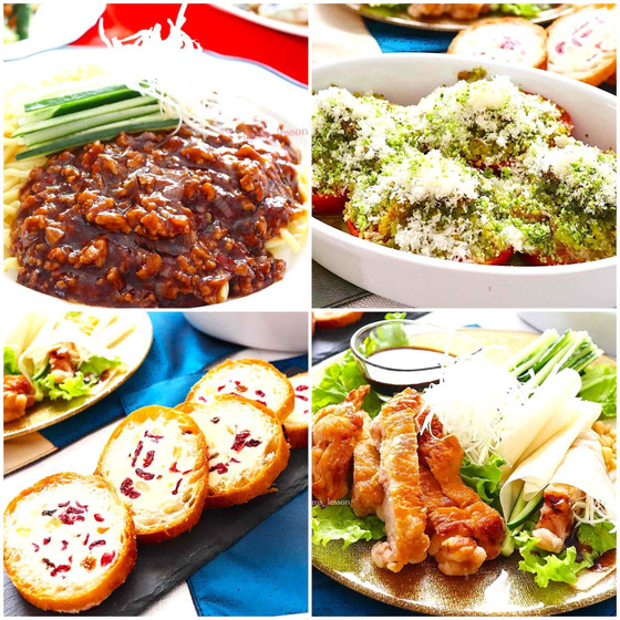 【大人レッスン 1dayもOK!】ジャージャー麺、北京ダック風ぱりぱりチキン、プロバンス風トマト、スタッフドバケット、中華風ひややっこなど