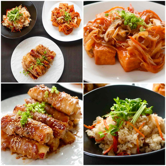 【キッズまたは親子レッスン】①お餅と豚バラのロール ②厚揚げの餡掛け ③発酵食品/メンマとお肉の炊き込みご飯