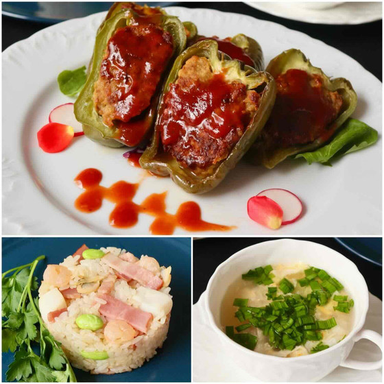【キッズまたは親子レッスン】①お醤油が隠し味ピーマンの肉詰め　②ベーコンとシーフードのピラフ　③ふわふわ卵とニラのスープ 