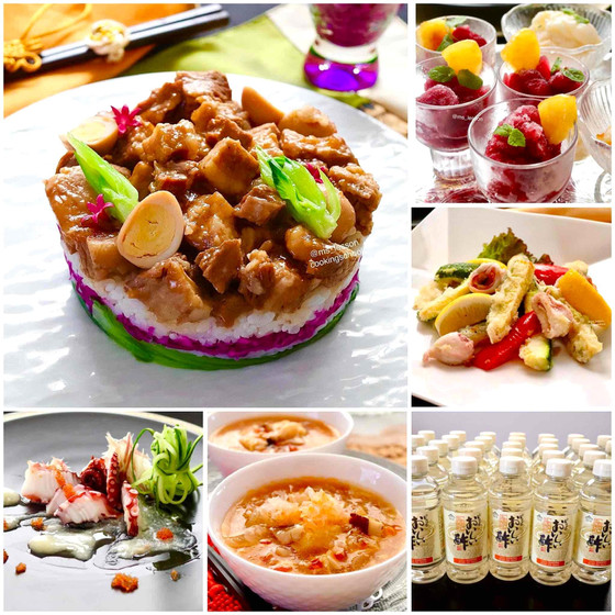 【大人1DAY】①お土産②国産豚肉の魯肉飯/ルーロー飯③本気の酸辣湯➃ワインのグラニテ➄タコの塩麹カルパッチョ⑥ ズッキーニとカラマリのフリット 