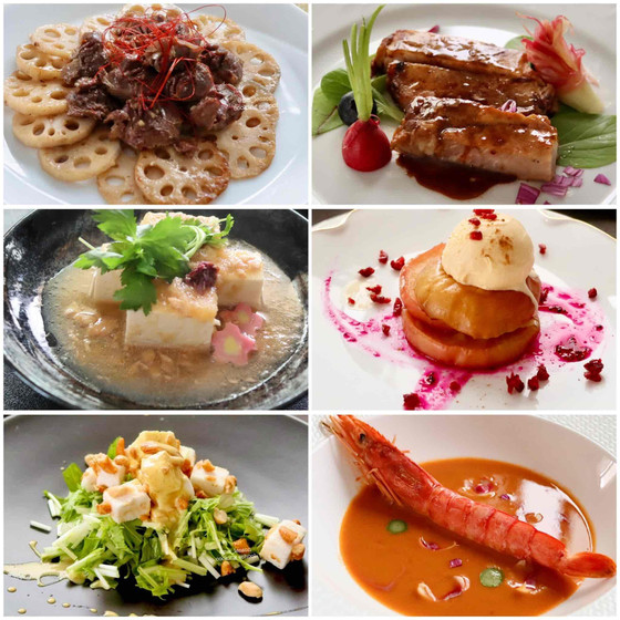 【大人1DAY】①国産豚肉の味噌漬け②海老のビスク③砂肝と蓮根の中華炒め➃カレードレッシングのサラダ➄焼き林檎 ⑥とろとろカブとツナ
