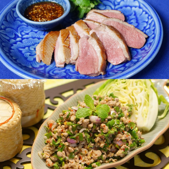 タイ式鴨のローストとラープムー。本格イサーン料理を丁寧に学びます。
