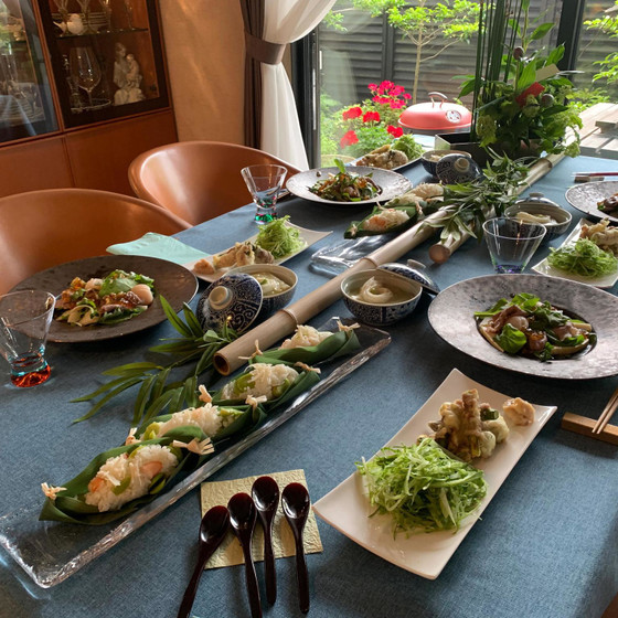 大人七夕パーティー初夏の和食、貝柱と牛肉しゃぶしゃぶ,そら豆