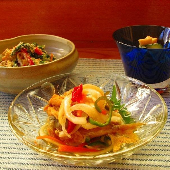 初夏のおばんざい！鯵南蛮漬・丁子麩酢味噌和え・青菜の白和え等