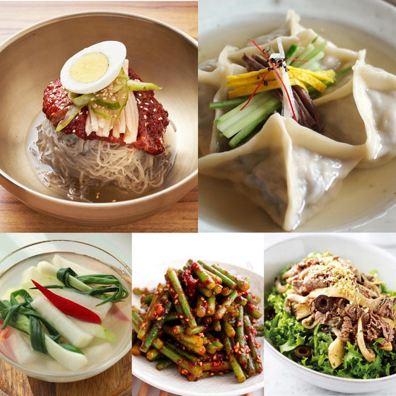 ビビン冷麺、ピョンス、セゴギとキノコのサラダ、ドンチミ、ニンニクの芽の和え物など