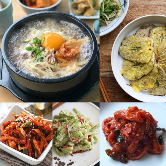 コンナムルクッパ、ユッジョン、イカの韓国塩辛、切り干し大根キムチ、セロリナムルなど