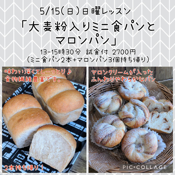 日曜レッスン「大麦粉入りミニ食パンとマロンパン 」（午後）