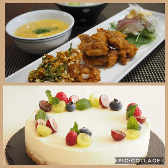 よくばり料理基礎A とお菓子 唐揚げ&レアチーズケーキ❣️