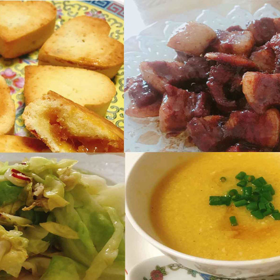 マンゴーケーキ、紅焼肉、春巻き、中華風コーンスープレッスン
