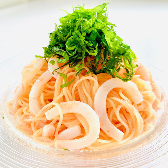 【デモンストレーション】①こんなマイルドでやさしい明太子カッペリーニは初めて！！『ACO's イカと明太子の冷製カッペリーニ』