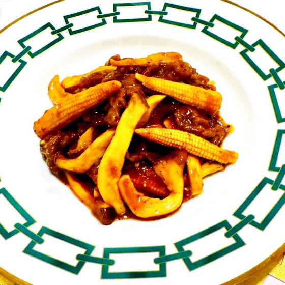 牛肉とエリンギとヤングコーンの黒酢炒め煮