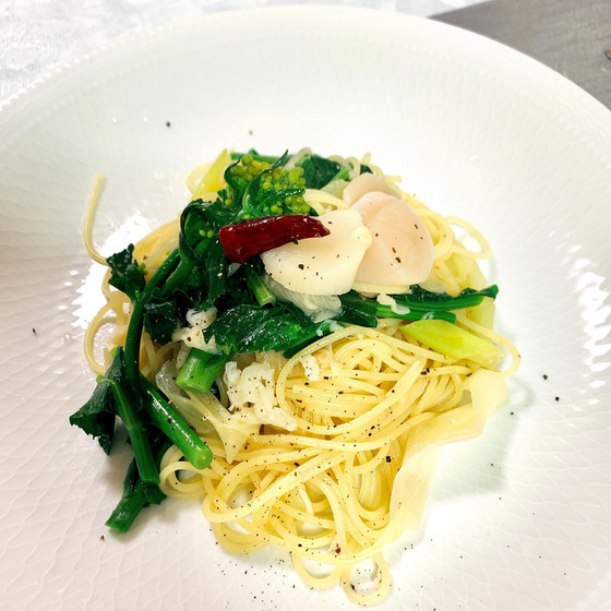 ホタテと菜の花のパスタ