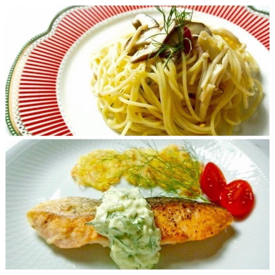 鮭のムニエル＆ナスの冷製ポタージュ＆きのこのパスタ